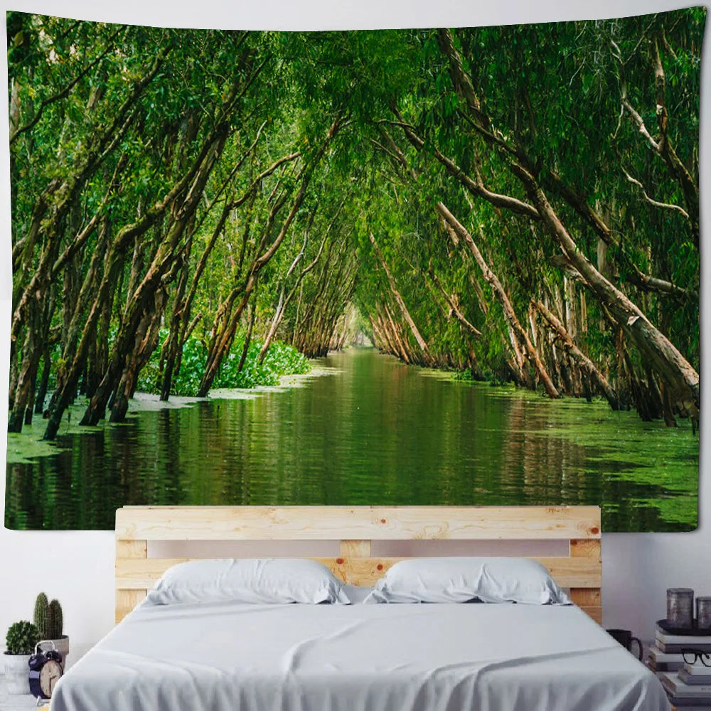 Misty Forest Tapestry Natural Landscape Room Wall Decoration Blanket Tropical Rainforest Bedroom Living Room Background Fabric