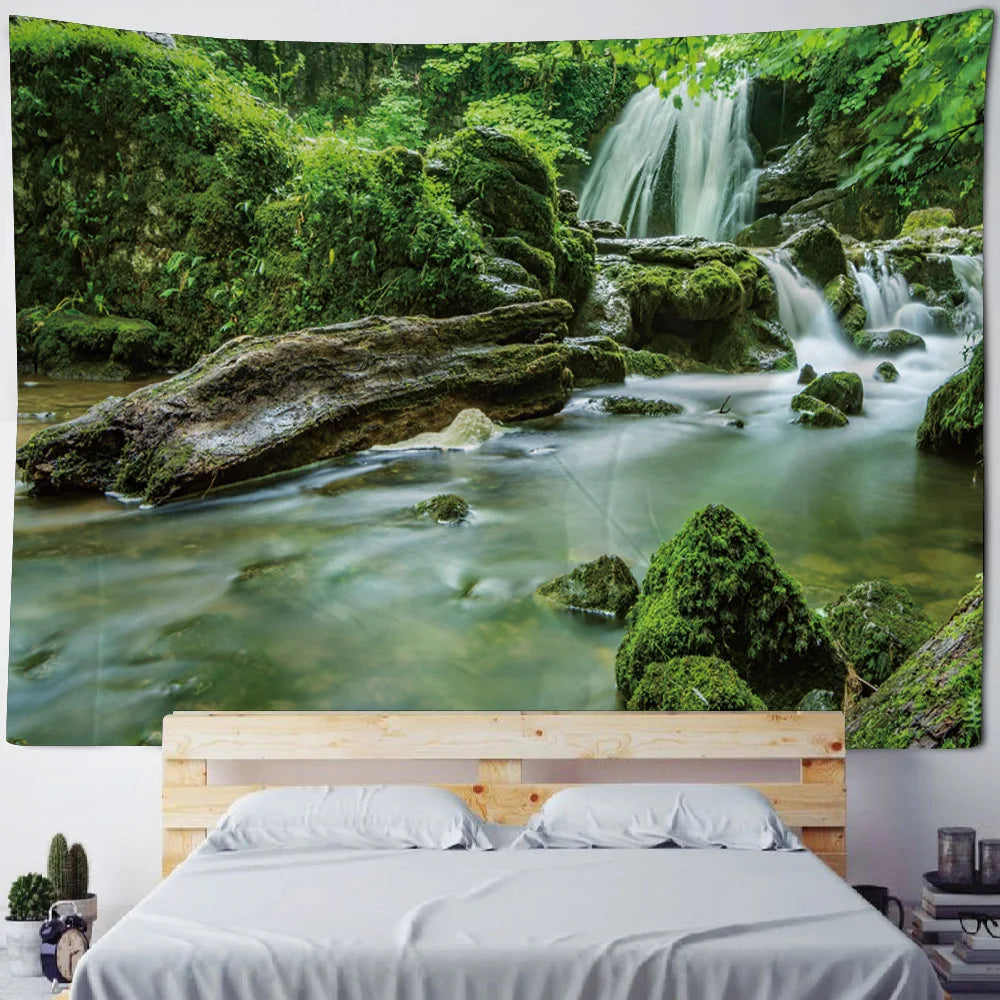 Misty Forest Tapestry Natural Landscape Room Wall Decoration Blanket Tropical Rainforest Bedroom Living Room Background Fabric