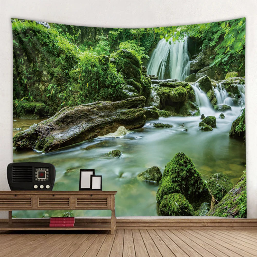 Misty Forest Tapestry Natural Landscape Room Wall Decoration Blanket Tropical Rainforest Bedroom Living Room Background Fabric