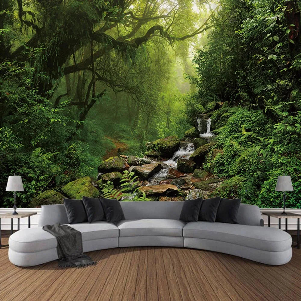 Misty Forest Tapestry Natural Landscape Room Wall Decoration Blanket Tropical Rainforest Bedroom Living Room Background Fabric