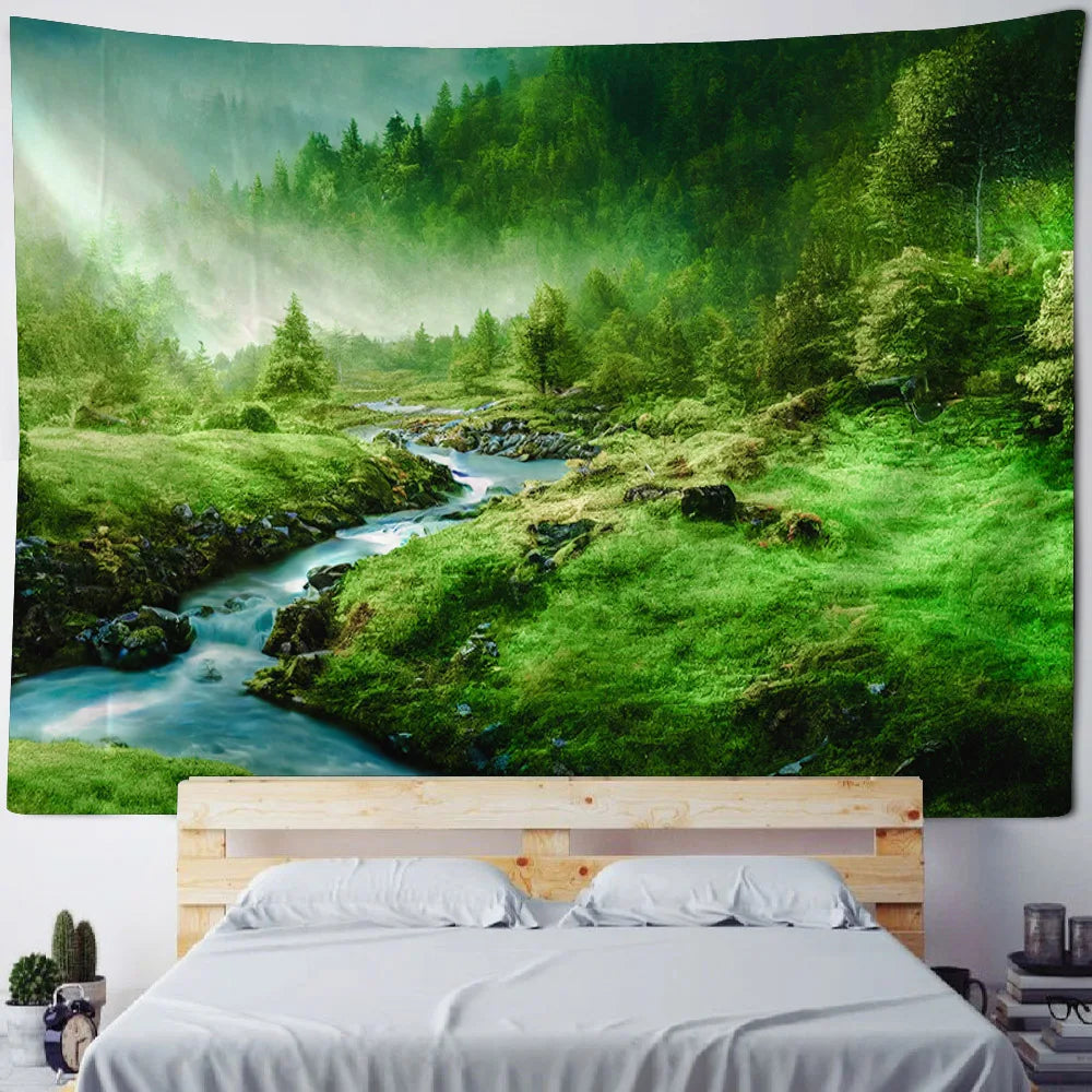 Misty Forest Tapestry Natural Landscape Room Wall Decoration Blanket Tropical Rainforest Bedroom Living Room Background Fabric