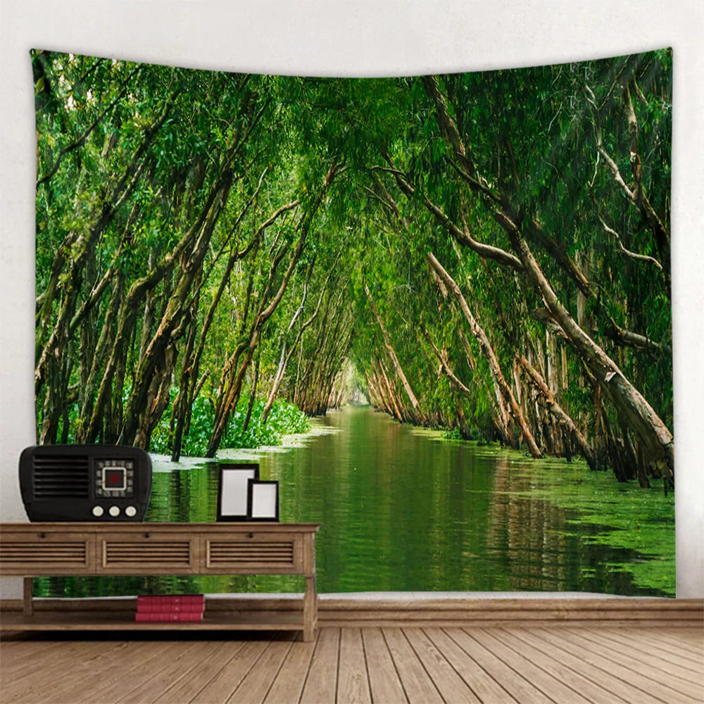 Misty Forest Tapestry Natural Landscape Room Wall Decoration Blanket Tropical Rainforest Bedroom Living Room Background Fabric