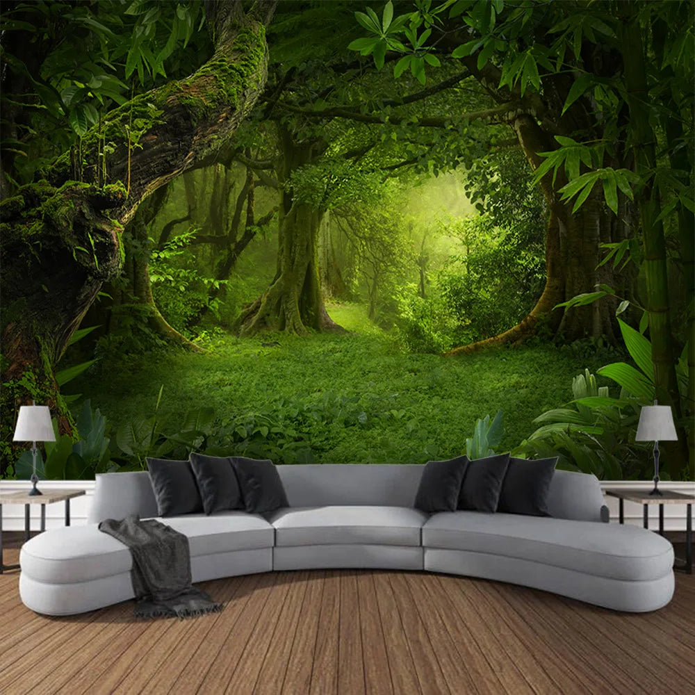 Misty Forest Tapestry Natural Landscape Room Wall Decoration Blanket Tropical Rainforest Bedroom Living Room Background Fabric