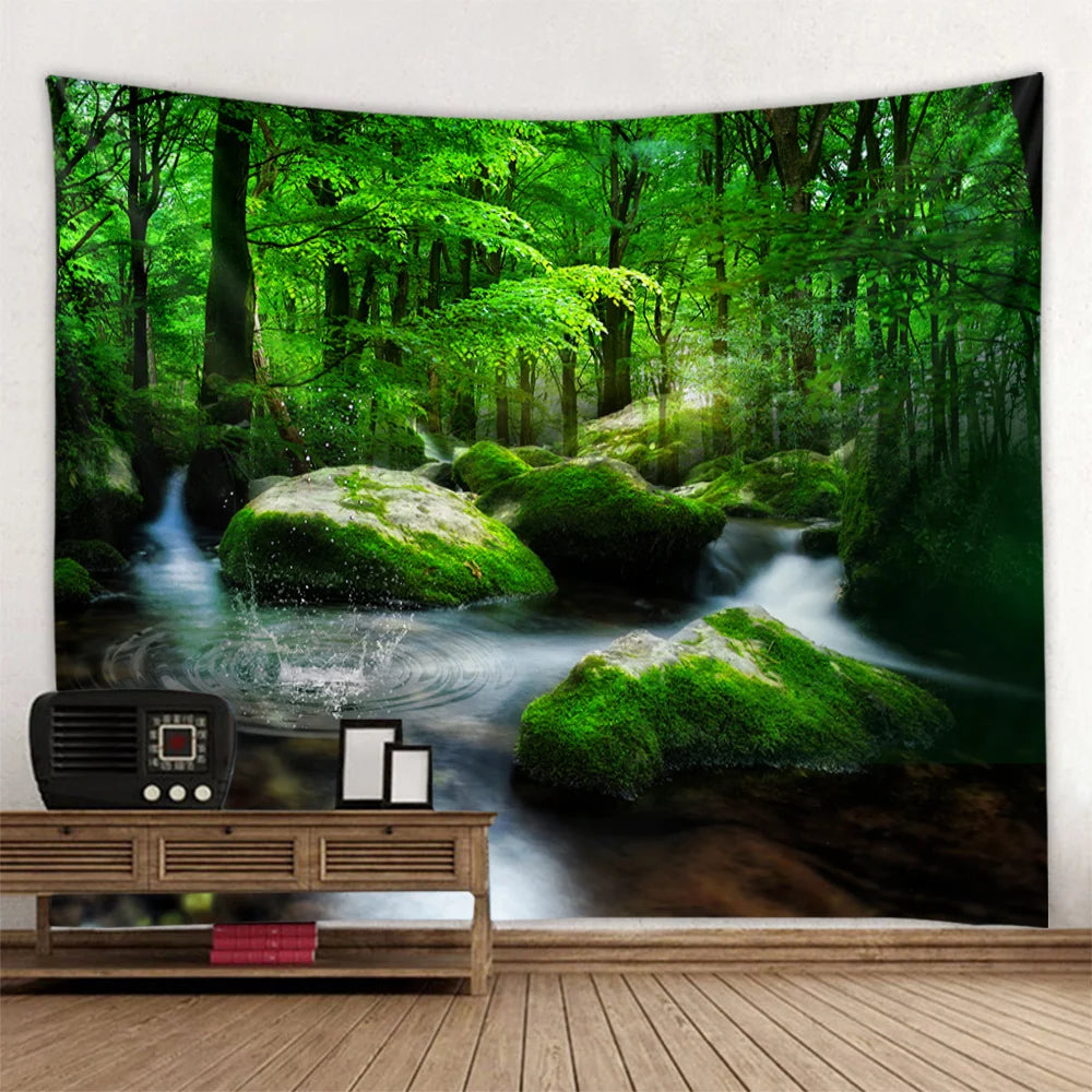 Misty Forest Tapestry Natural Landscape Room Wall Decoration Blanket Tropical Rainforest Bedroom Living Room Background Fabric