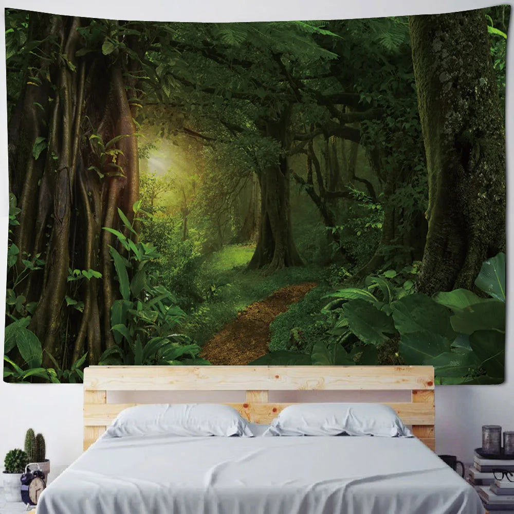 Misty Forest Tapestry Natural Landscape Room Wall Decoration Blanket Tropical Rainforest Bedroom Living Room Background Fabric