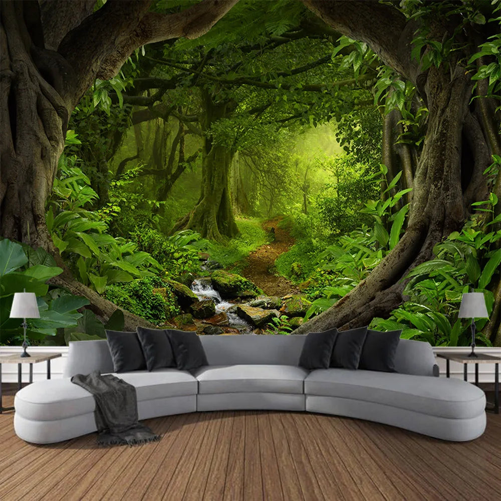 Misty Forest Tapestry Natural Landscape Room Wall Decoration Blanket Tropical Rainforest Bedroom Living Room Background Fabric