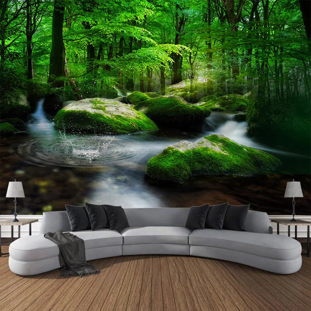 Misty Forest Tapestry Natural Landscape Room Wall Decoration Blanket Tropical Rainforest Bedroom Living Room Background Fabric