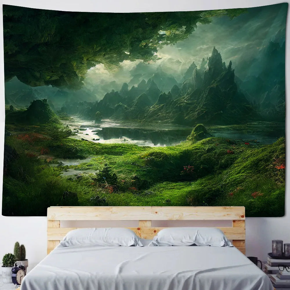 Misty Forest Tapestry Natural Landscape Room Wall Decoration Blanket Tropical Rainforest Bedroom Living Room Background Fabric