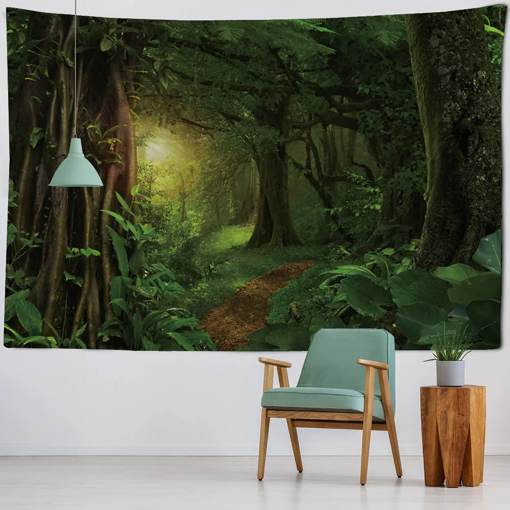 Misty Forest Tapestry Natural Landscape Room Wall Decoration Blanket Tropical Rainforest Bedroom Living Room Background Fabric