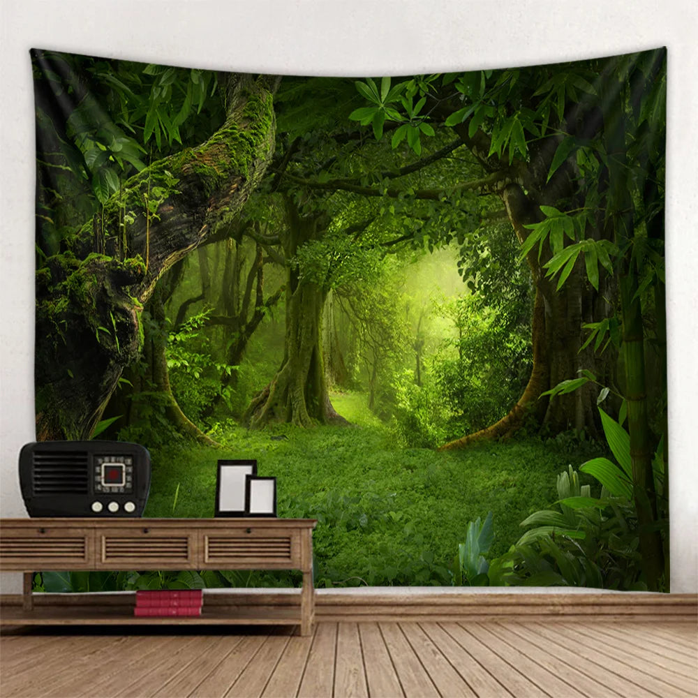 Misty Forest Tapestry Natural Landscape Room Wall Decoration Blanket Tropical Rainforest Bedroom Living Room Background Fabric