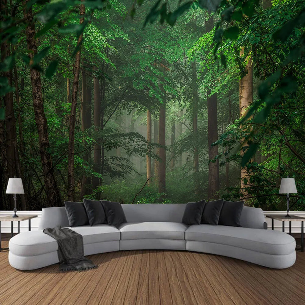 Misty Forest Tapestry Natural Landscape Room Wall Decoration Blanket Tropical Rainforest Bedroom Living Room Background Fabric