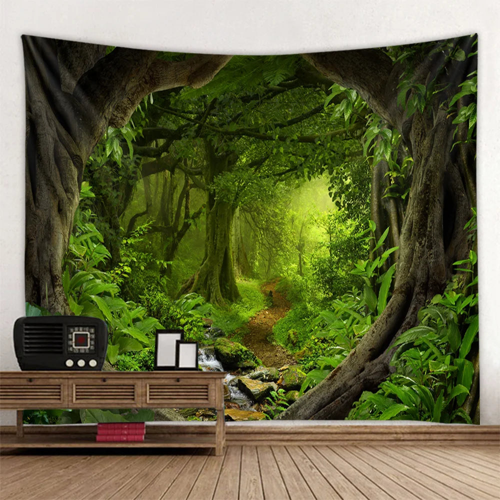Misty Forest Tapestry Natural Landscape Room Wall Decoration Blanket Tropical Rainforest Bedroom Living Room Background Fabric