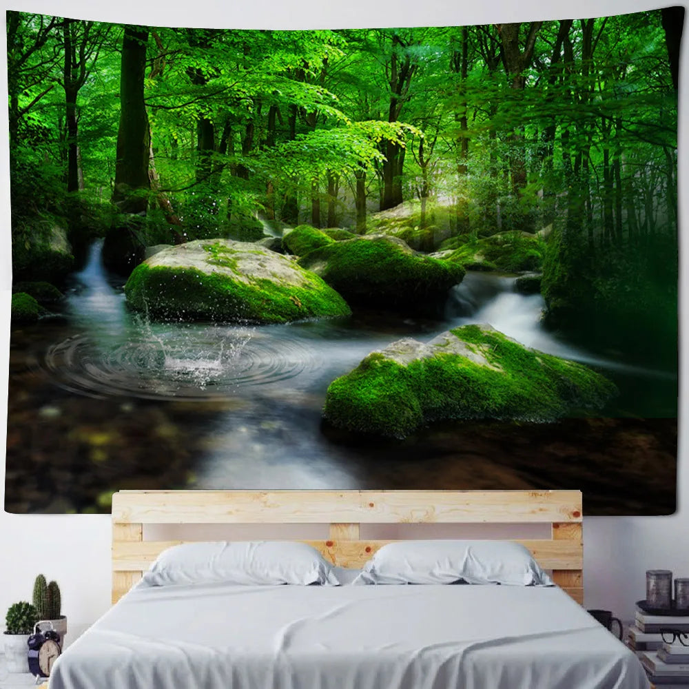 Misty Forest Tapestry Natural Landscape Room Wall Decoration Blanket Tropical Rainforest Bedroom Living Room Background Fabric