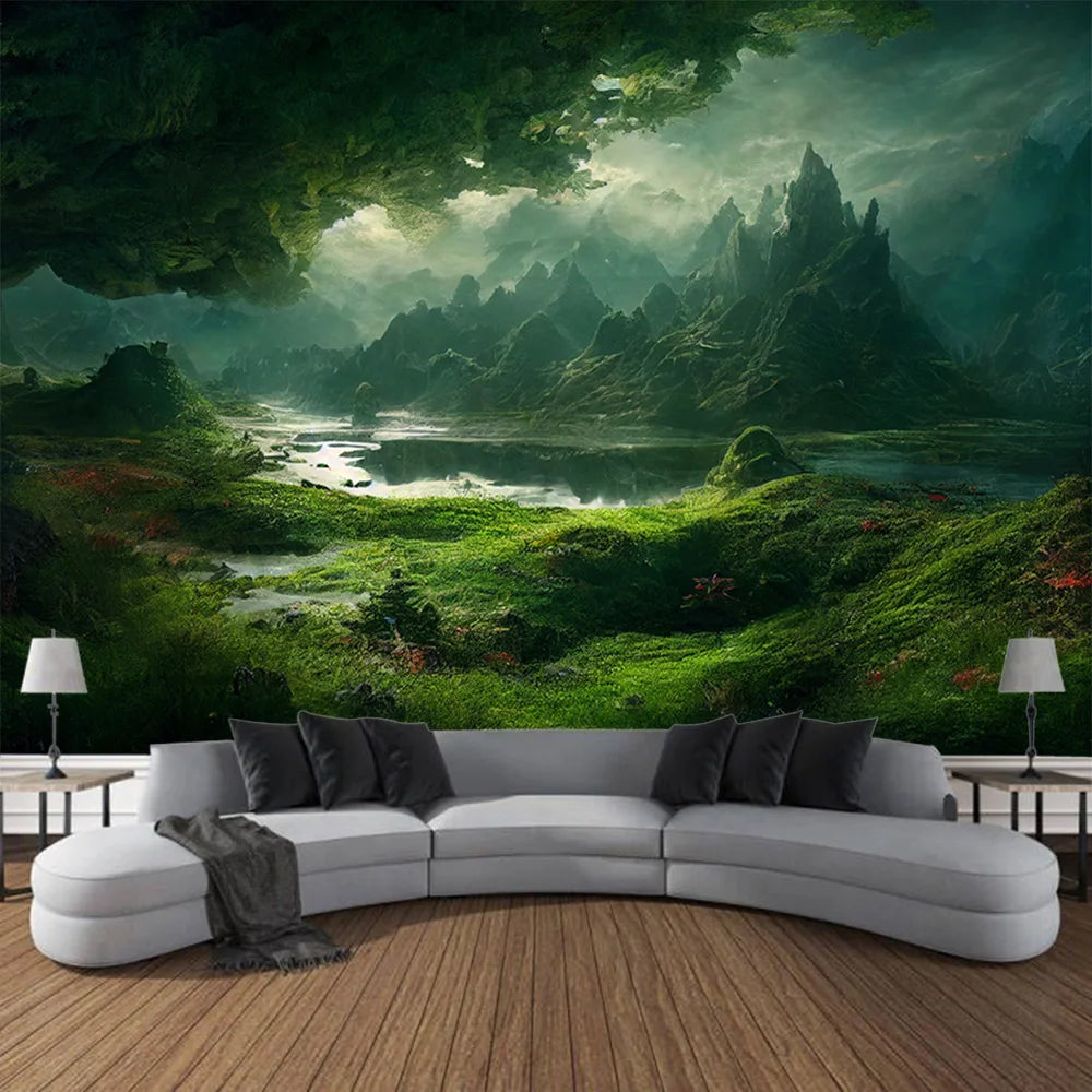 Misty Forest Tapestry Natural Landscape Room Wall Decoration Blanket Tropical Rainforest Bedroom Living Room Background Fabric