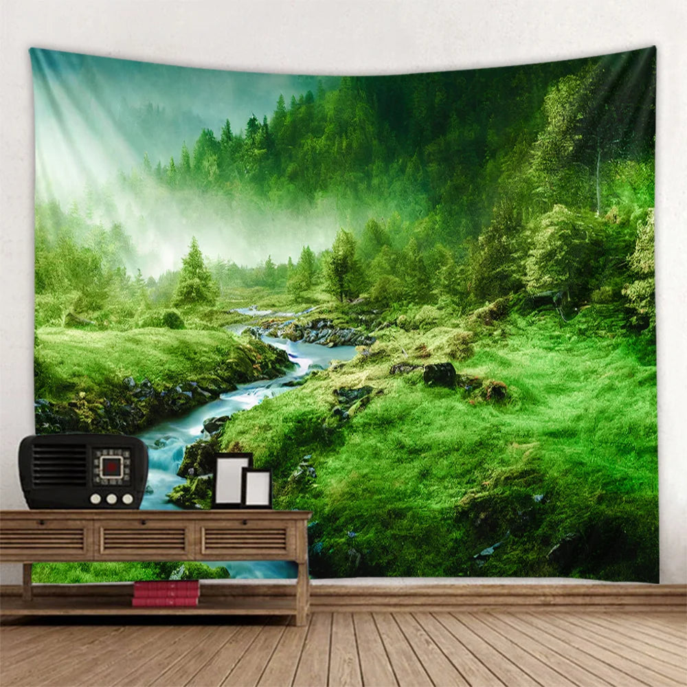 Misty Forest Tapestry Natural Landscape Room Wall Decoration Blanket Tropical Rainforest Bedroom Living Room Background Fabric
