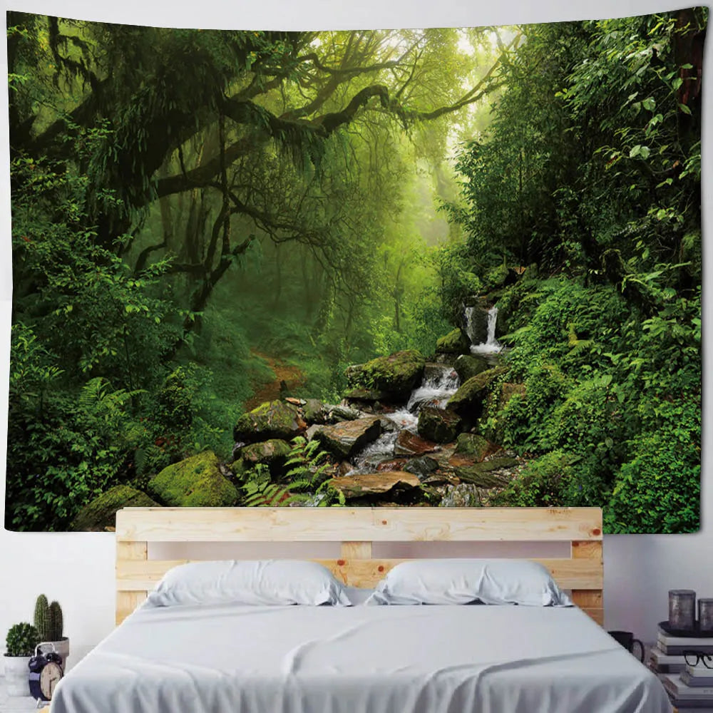 Misty Forest Tapestry Natural Landscape Room Wall Decoration Blanket Tropical Rainforest Bedroom Living Room Background Fabric