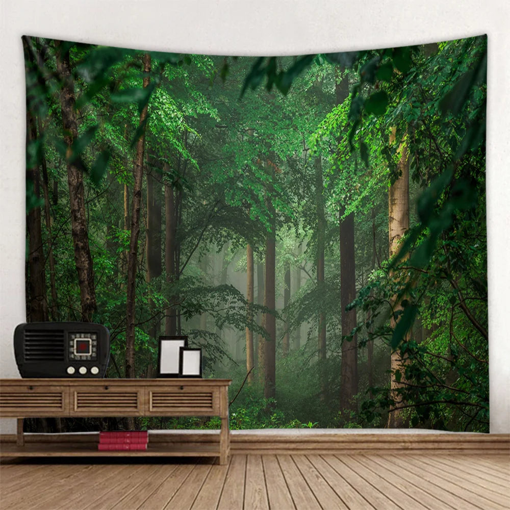 Misty Forest Tapestry Natural Landscape Room Wall Decoration Blanket Tropical Rainforest Bedroom Living Room Background Fabric