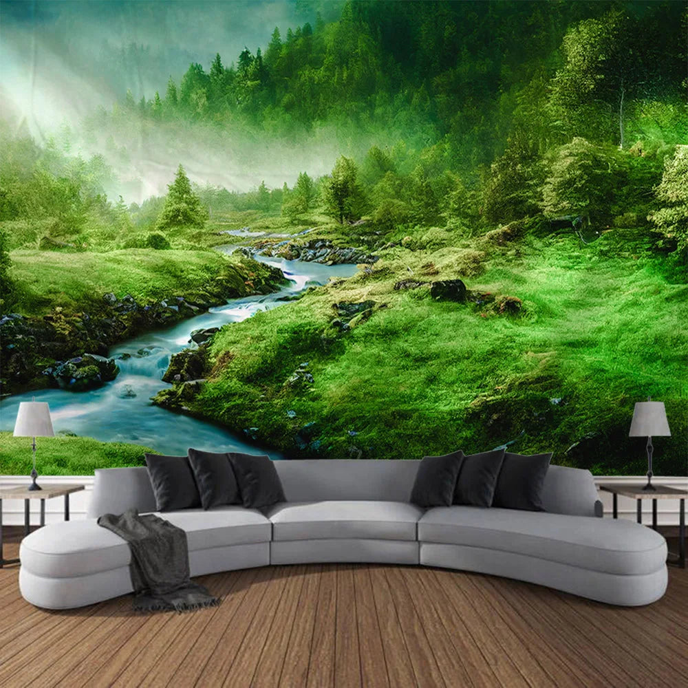 Misty Forest Tapestry Natural Landscape Room Wall Decoration Blanket Tropical Rainforest Bedroom Living Room Background Fabric