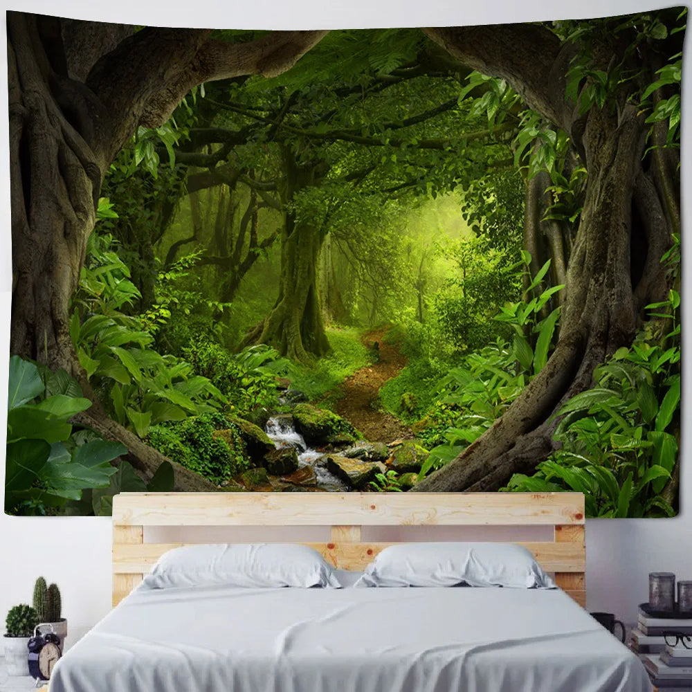 Misty Forest Tapestry Natural Landscape Room Wall Decoration Blanket Tropical Rainforest Bedroom Living Room Background Fabric