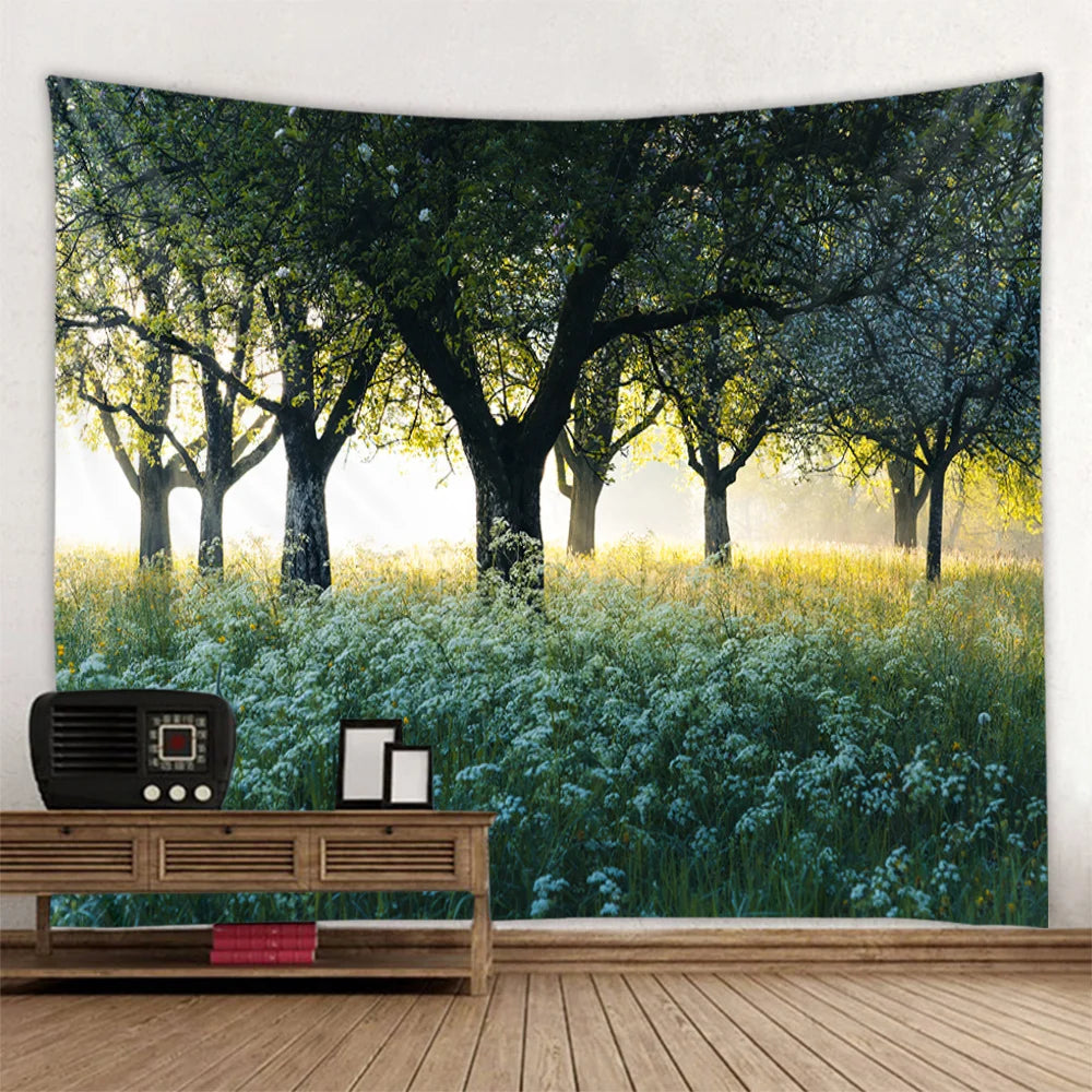 Misty Forest Tapestry Natural Landscape Room Wall Decoration Blanket Tropical Rainforest Bedroom Living Room Background Fabric