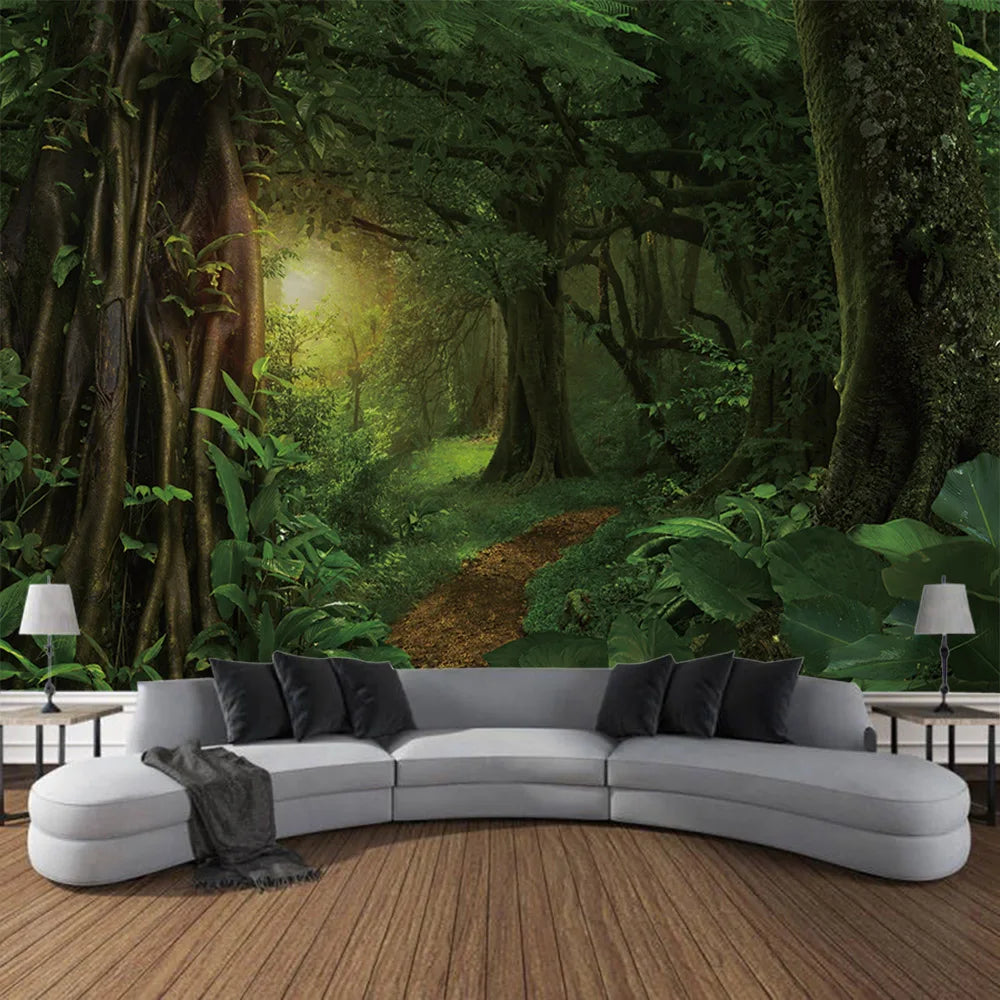 Misty Forest Tapestry Natural Landscape Room Wall Decoration Blanket Tropical Rainforest Bedroom Living Room Background Fabric