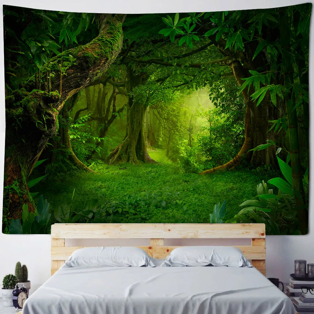 Misty Forest Tapestry Natural Landscape Room Wall Decoration Blanket Tropical Rainforest Bedroom Living Room Background Fabric