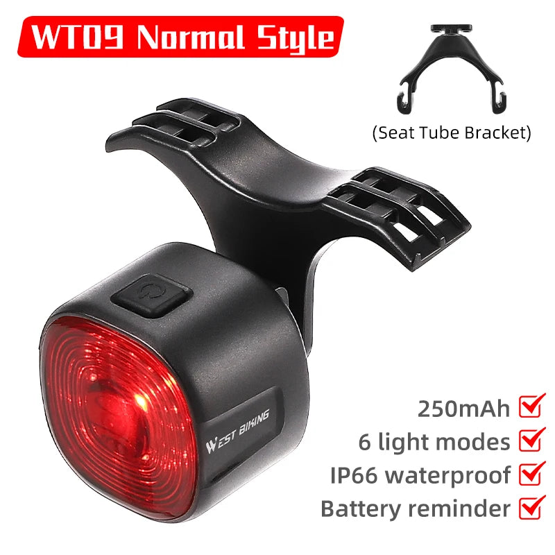 WEST BIKING Bicycle Smart Taillight MTB Road Bike Auto Brake Sensing Type-C Rechargeable IP66 Waterproof LED Safe Rear Light