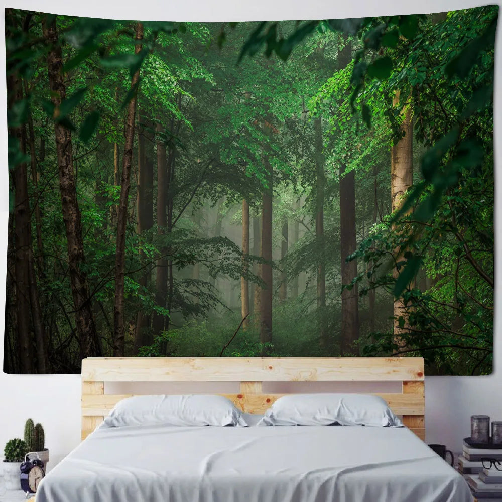 Misty Forest Tapestry Natural Landscape Room Wall Decoration Blanket Tropical Rainforest Bedroom Living Room Background Fabric